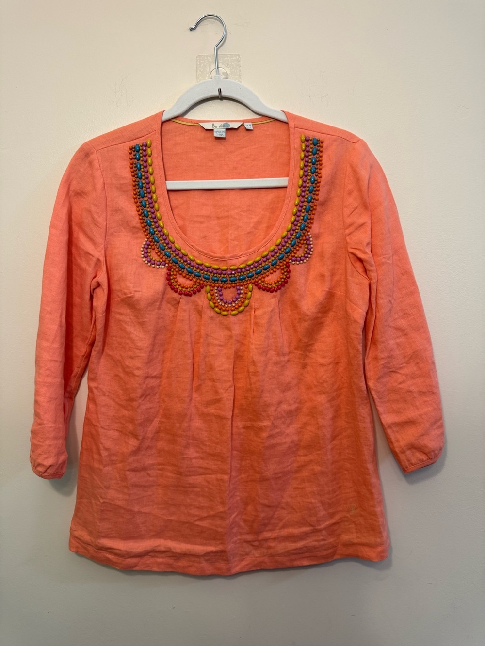 Boden Linen Coral Scoop-Neck Tunic with Multicolor Bead Trim